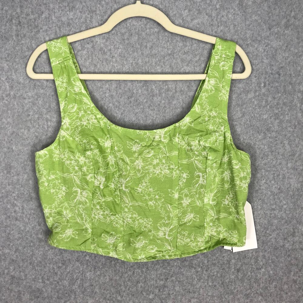 Midnight Sky Corset Smocked Crop Top‎ XL Green Floral Linen Cottage Vacation